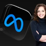 A confident social media manager standing in front of Meta logo