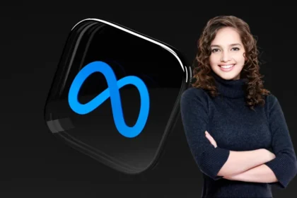 A confident social media manager standing in front of Meta logo
