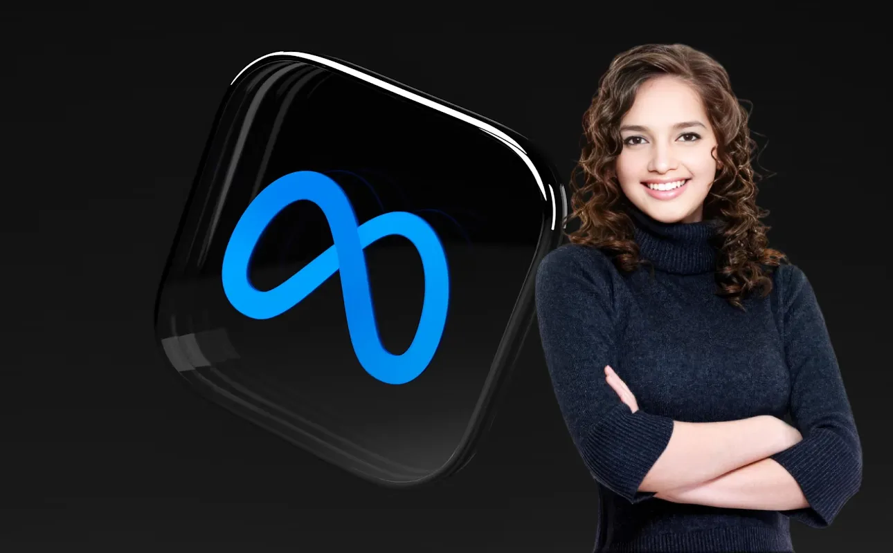 A confident social media manager standing in front of Meta logo
